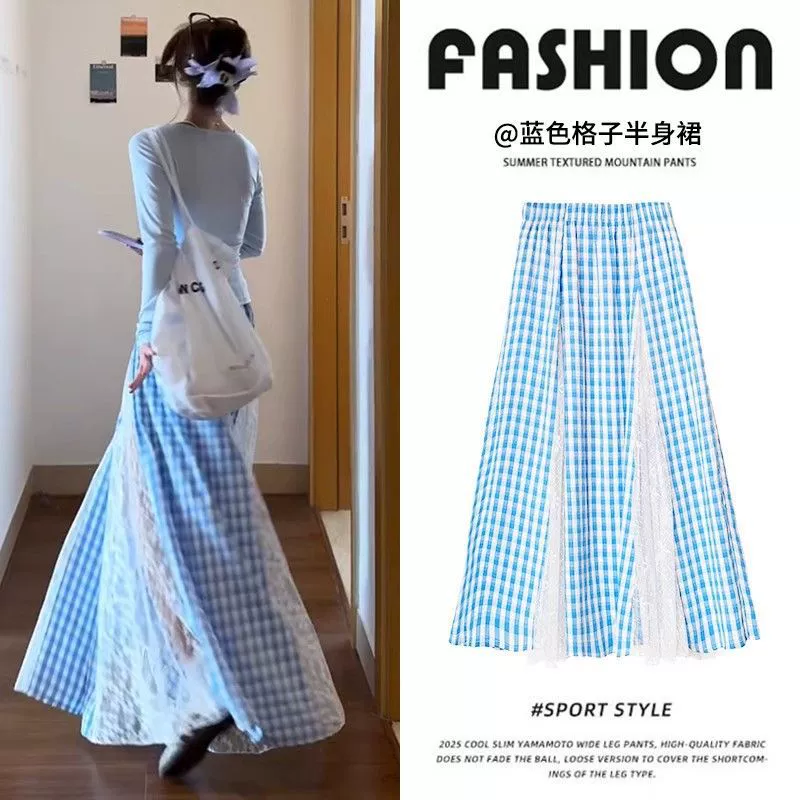 Синяя кружевная пышная юбка для женщин, лето 2025, новая юбка-тортик с высокой талией, утягивающая клетчатая юбка средней длины А-силуэта.