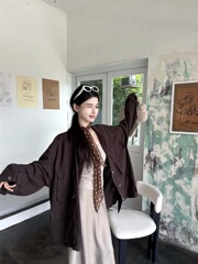 慵懒风复古polo领长袖衬衫女秋季开衫外套中长款衬衣宽松气质上衣