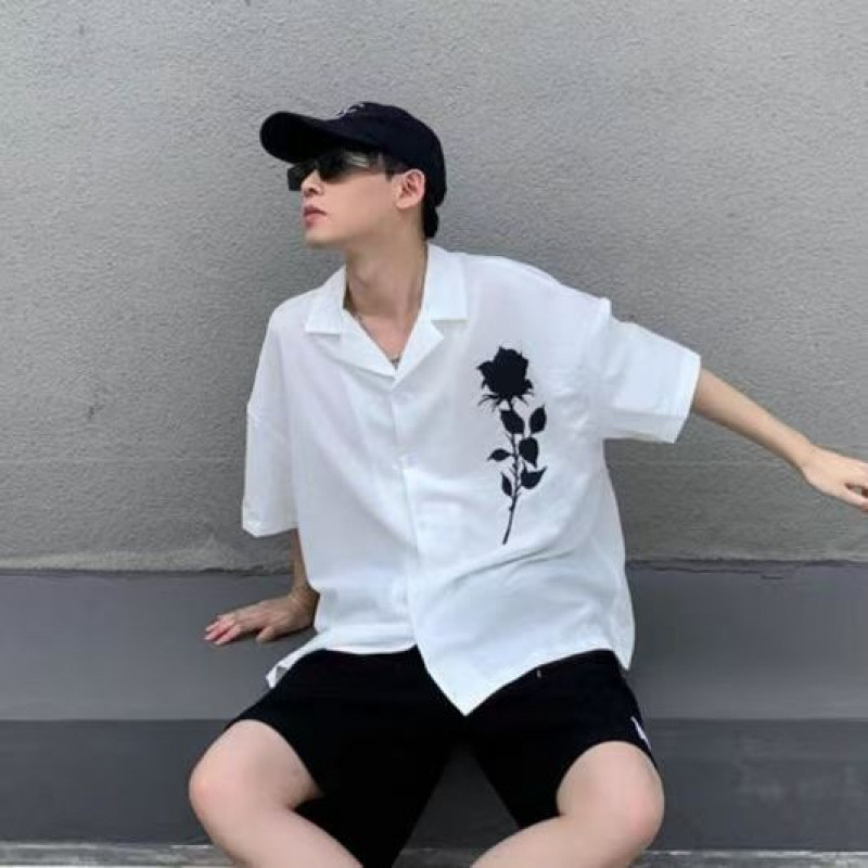 American Summer Retro Rose Print Black Short-Sleeved Shirt Women's Casual Versatile Couple Shirt National Fashion Brand Top