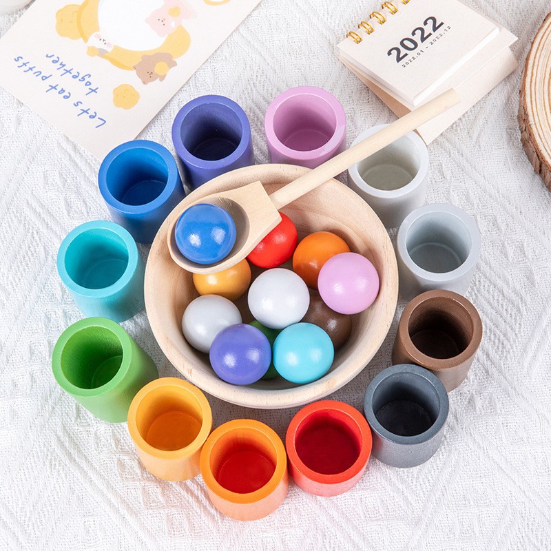 Montessori wooden 12 color rainbow ball color classification enlightenment teaching aids building blocks clip beads desktop baby game toys