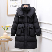 【国货正品】新款连帽过膝收腰手套口袋中长款白鸭绒羽绒服女外套