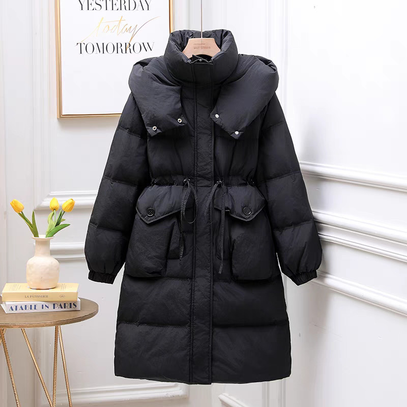 【国货正品】新款连帽过膝收腰手套口袋中长款白鸭绒羽绒服女外套