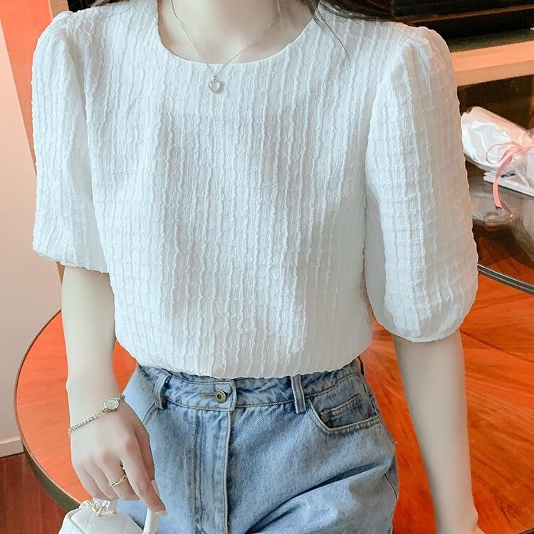 Puff Sleeve Round Neck Loose Shirt Women's Summer Wear 2022 New Design Niche Short-Sleeved Chiffon Top for Women Puff Sleeve Round Neck Loose Shirt Women's Summer Wear 2022 New Design Niche Short-Sleeved Chiffon Top for Women
