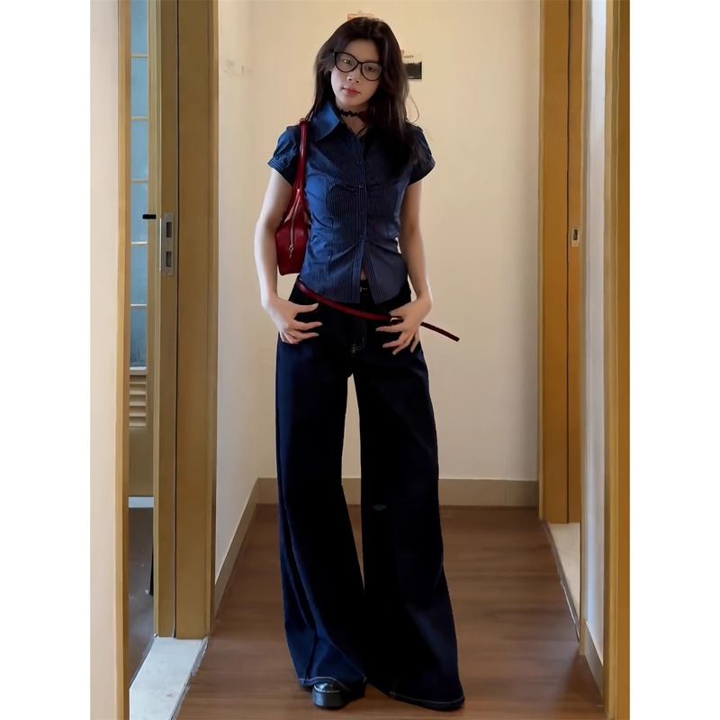 MR【原版色织条】美式复古条纹收腰短袖衬衫上衣女设计感显瘦衬衣|undefined