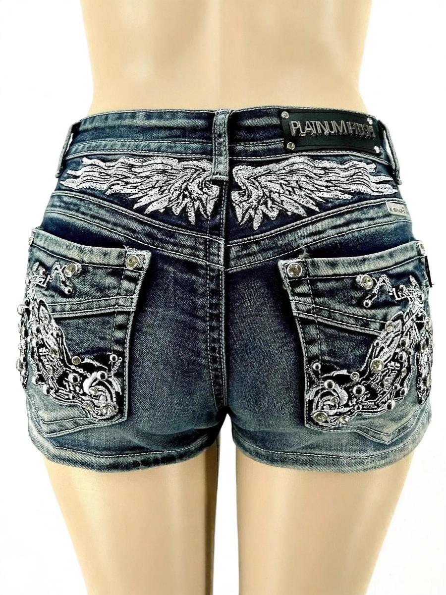 Pantaloncini in denim con strass ricamati Y2K - Pantaloni corti elasticizzati a vita alta da donna (S-2XL, multicolore)_voghion.com