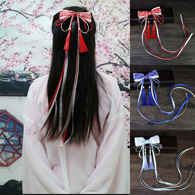 2pcs Antique Hanfu fairy dress Hair Accessories Chinese style blue white porcelain bow hair ribbon Side clip antique long streamer headdress