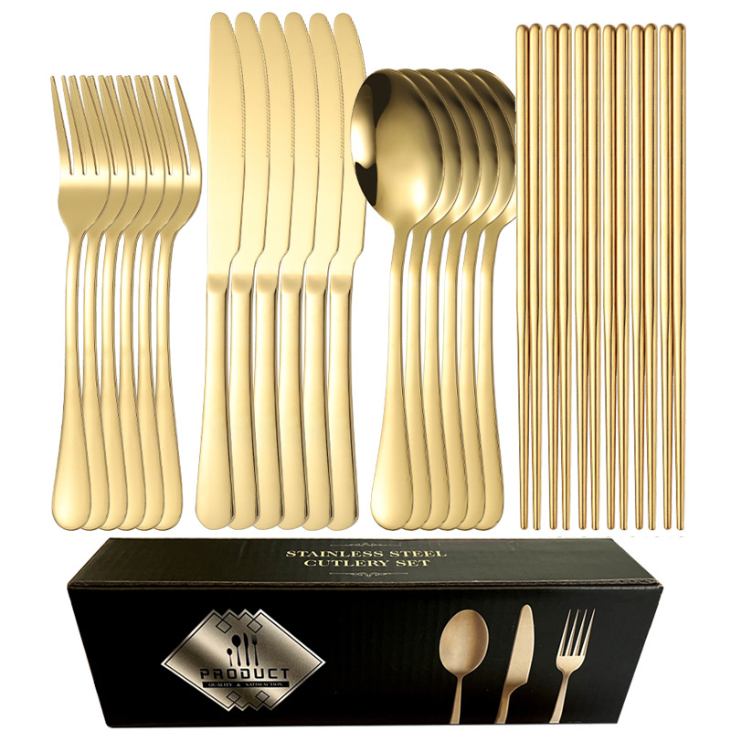 24 피스 세트 [금] 6 나이프 6 포크 6 스푼 6 젓가락