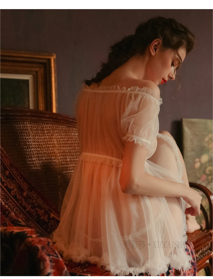 Sheer Mesh Babydoll Nightdress with Matching Panty, Pink One Size — detail image 8