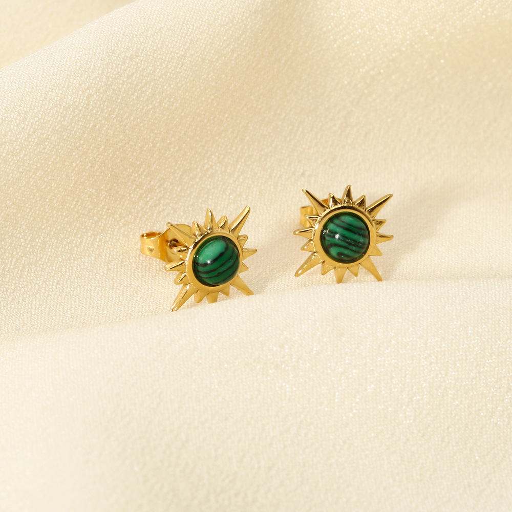 Malachite Inlay Material Ear Studs Classification 1 Pair Quantity 1 Pair Retro Star Plating Inlay 304 Stainless Steel Malachite 18K Gold Plated Ear Studs
