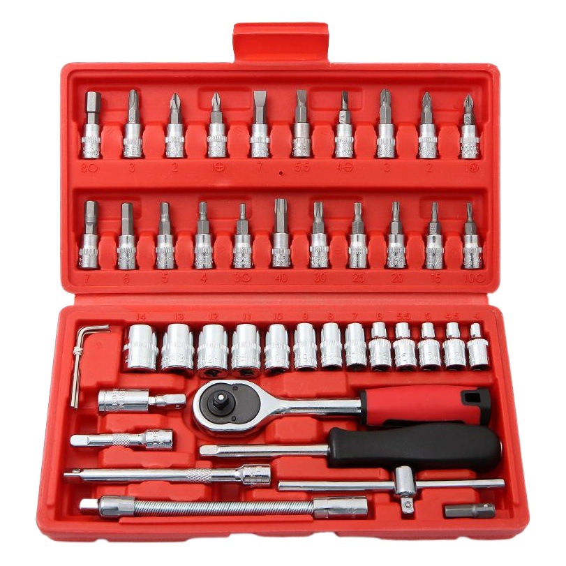 46 piezas de herramientas de llave de tubo, juego de reparación de automóviles, juego de llave de llave de trinquete Xiaofei 1/4, reparación de hardware para el hogar