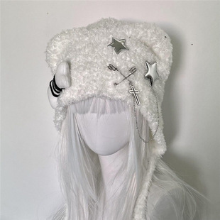 New Handmade Star Bone Bear Ear Hat Y2K Millennium Sweet and Cool Knitted Ear Protection Hat Subculture Warm Ear Protection Hat