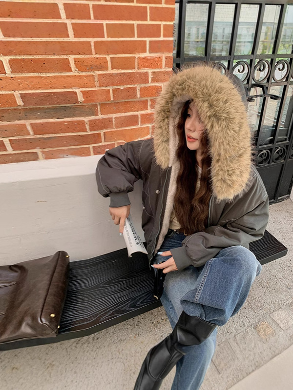 派克服短款羽绒棉服女仿兔毛大毛领连帽2025冬美式复古棉衣外套|undefined