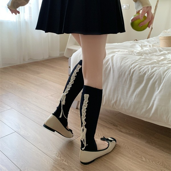 小众ins韩国东大门后跟蕾丝女双针抽条细竖条踩脚袜套基础袜套|undefined