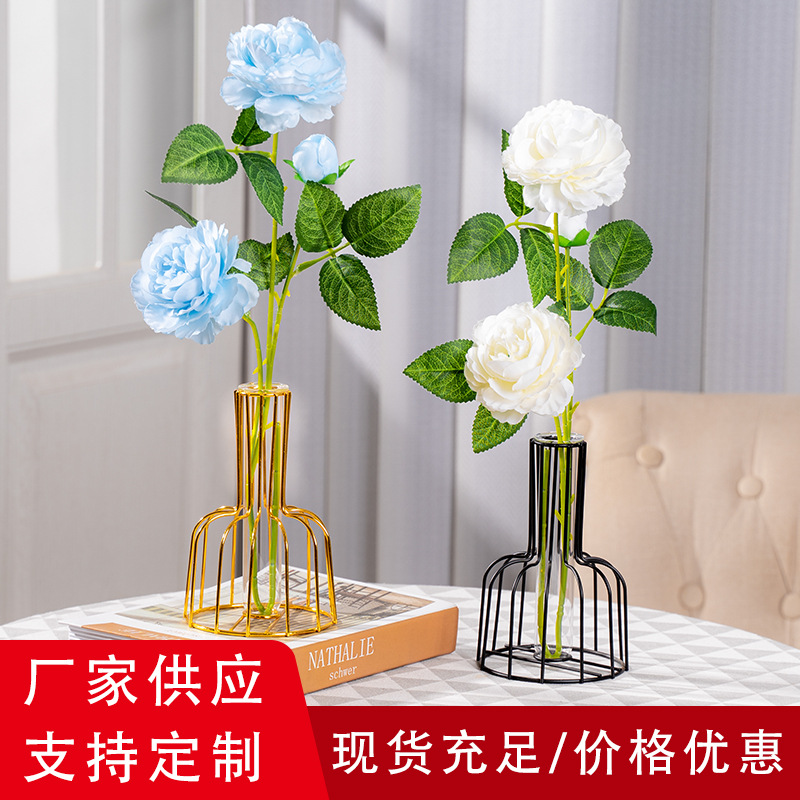 Fábrica al por mayor florero de vidrio de hierro forjado flor artificial hidropónico decoración floral sala de estar mesa de comedor mesa de té TV decoración del gabinete