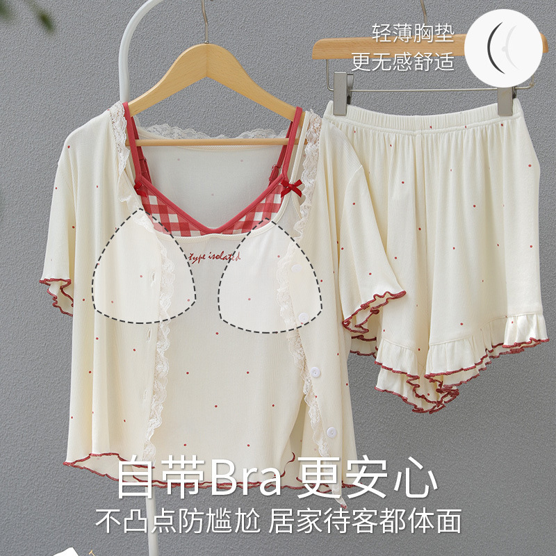 2025 Summer New Cross-Border Popular Modal Women's Threaded Three-Piece Set with Breast Pads Pajamas for Outer Wear and Home Clothes