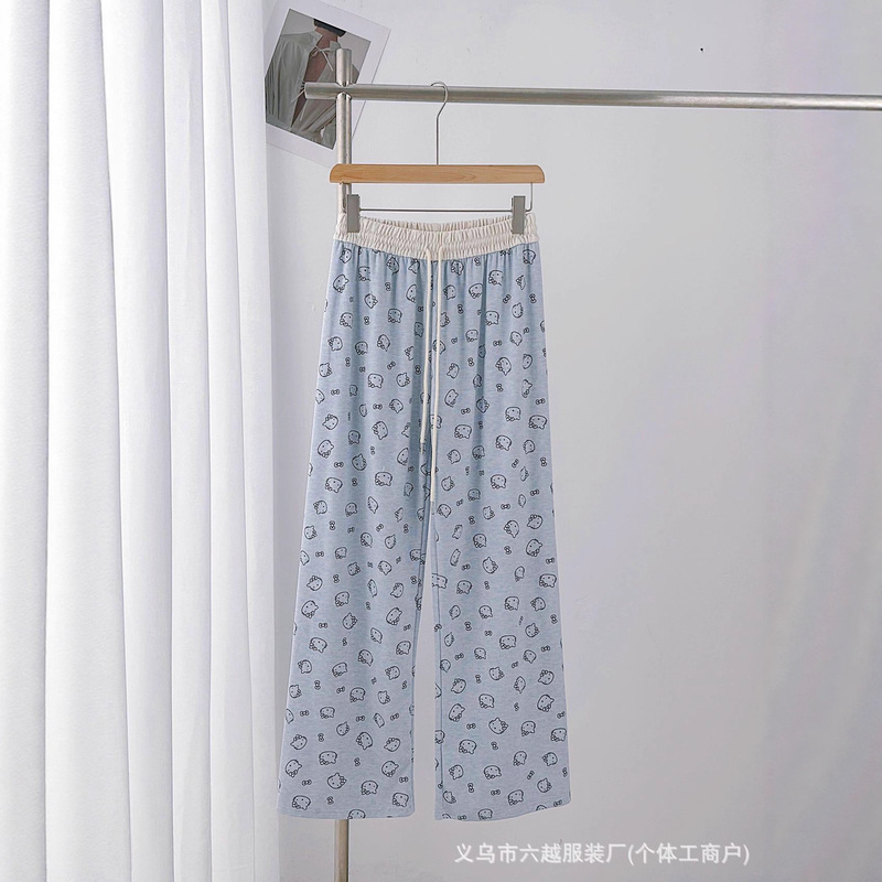 撞色腰kt猫咪印花直筒裤女2025秋款阔腿休闲裤宽松糯米遛弯家居裤|undefined