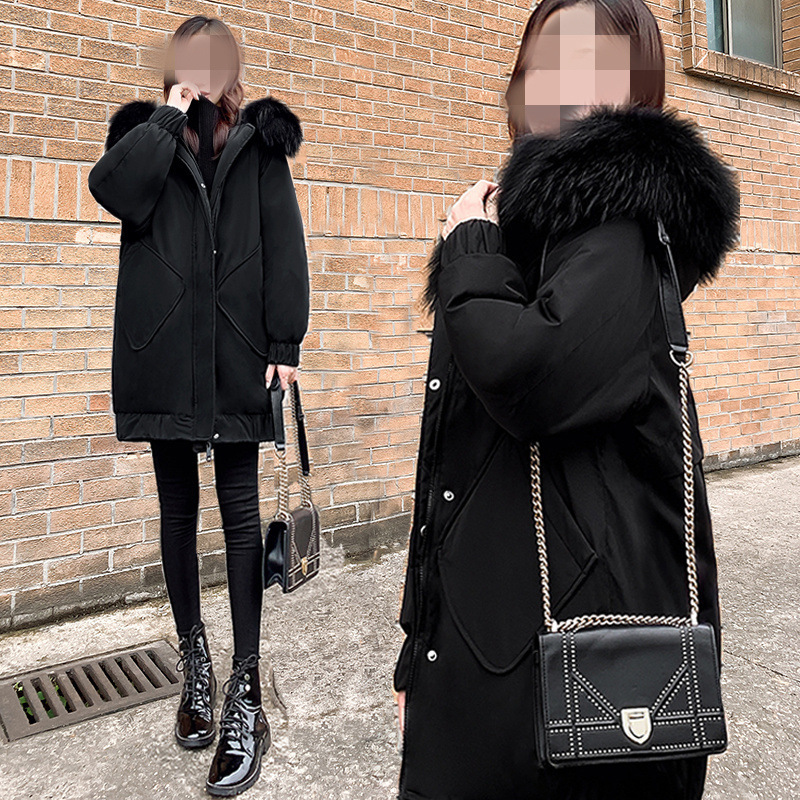 白鸭绒黑色服女装年新款春夏中长款宽松显瘦大码加厚外套