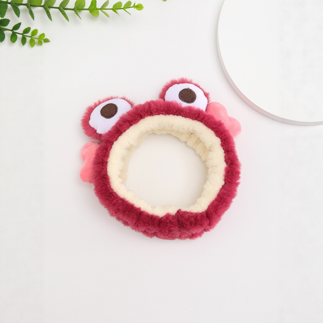 Diadema de felpa de dibujos animados de otoño e invierno, diadema de amor de ojos de rana verde, oso de fresa, accesorios para el cabello a juego, muñequera al por mayor