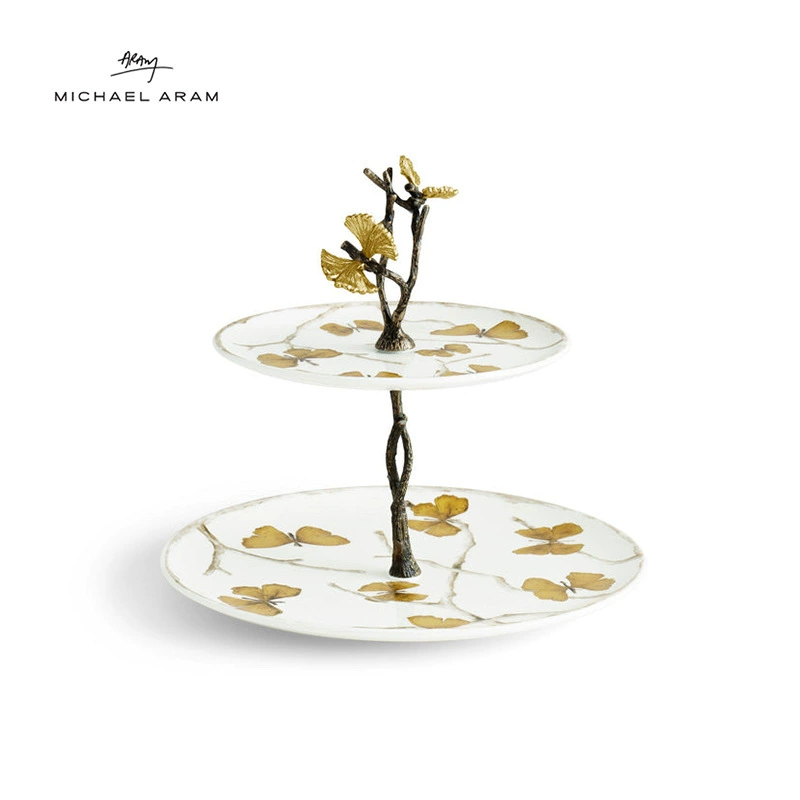 American Michael Aram White Orchid double-layer pastry stand butterfly ginkgo afternoon tea desserts plate housewarming gift