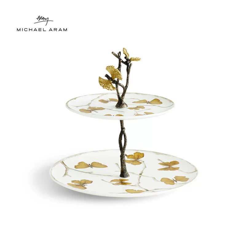 American Michael Aram White Orchid double-layer pastry stand butterfly ginkgo afternoon tea desserts plate housewarming gift