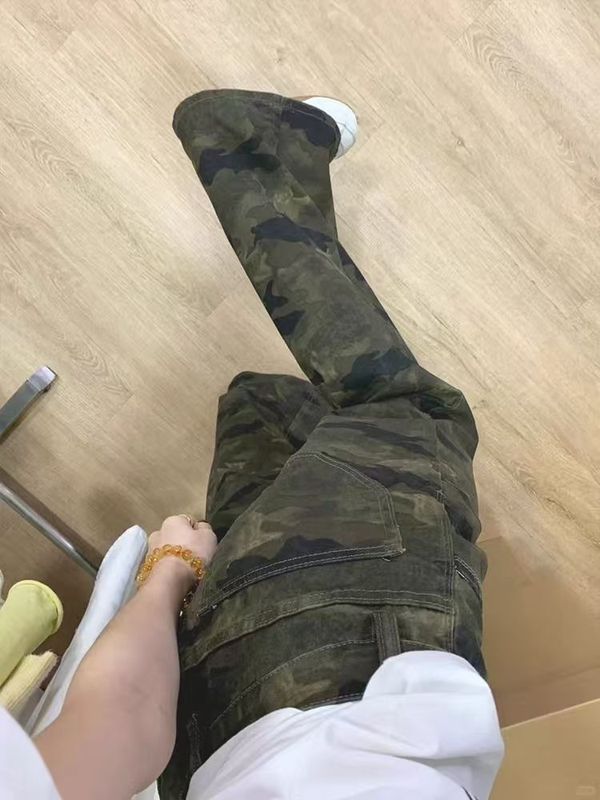 微喇叭松弛感迷彩牛仔裤女2025夏季新款小众高腰通勤显瘦直筒裤子|undefined