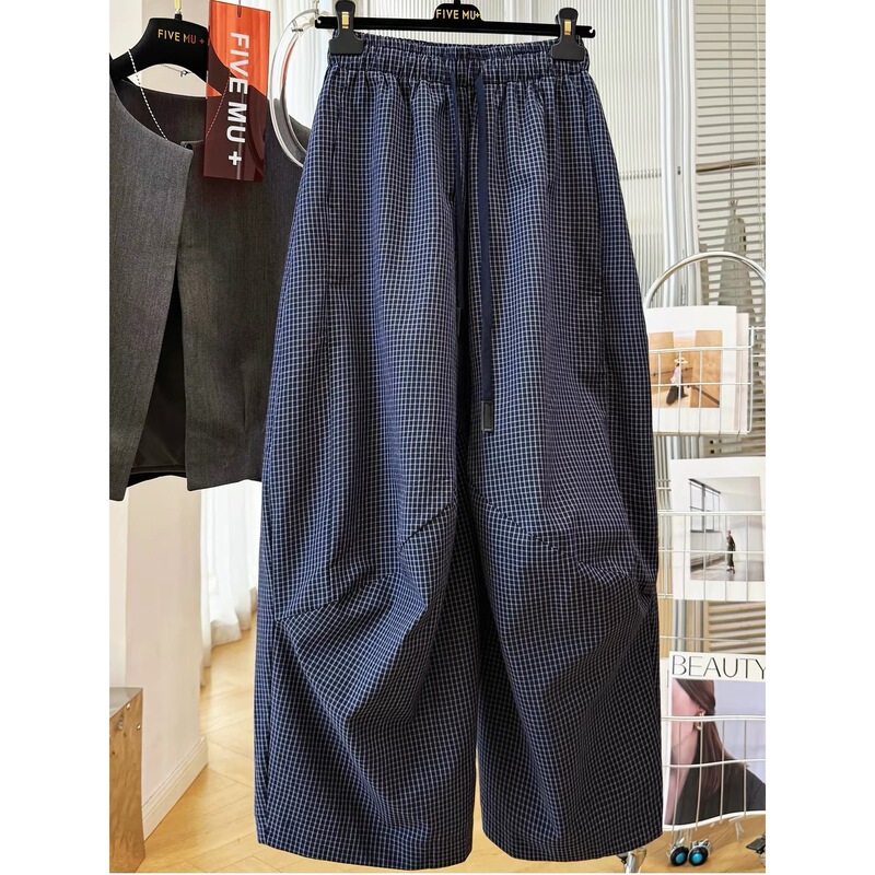 [Plus Size] American Retro Design Small Checkered Wide-Leg Casual Pants for Women, Summer Loose Slimming Long Pants Trend
