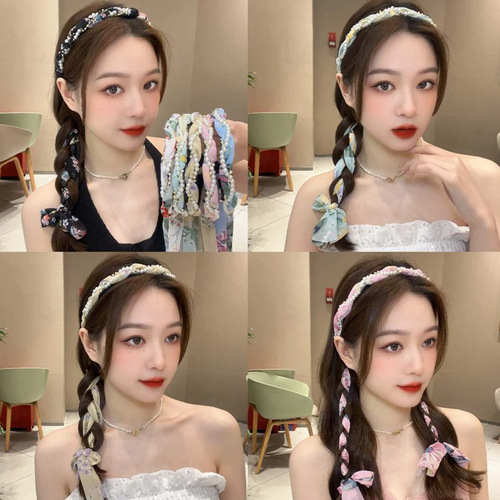 Floral headband, silk scarf, summer ribbon headband, one-piece women's daily wear, lace-up braided hair ribbon headdress