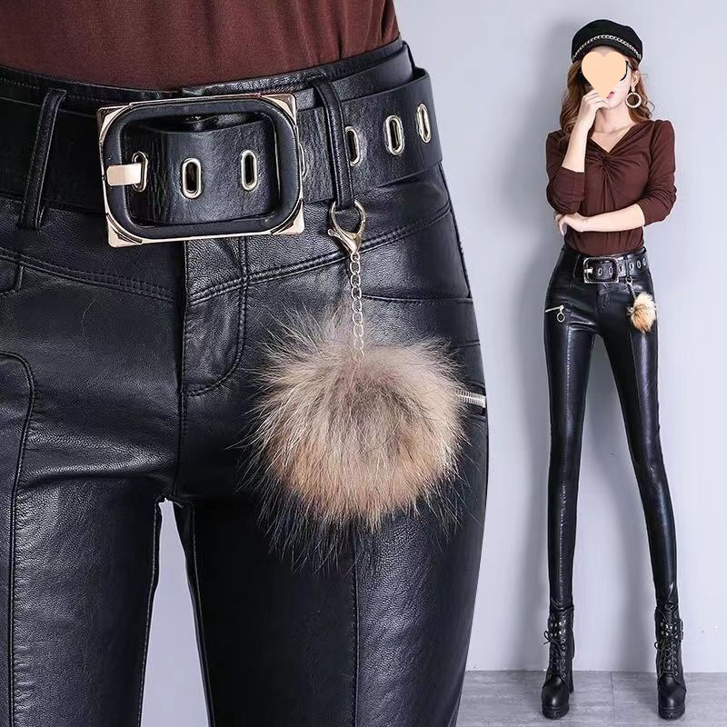 2025秋冬新款加绒加厚皮裤女高腰打底裤显瘦外穿紧身小脚裤子长裤