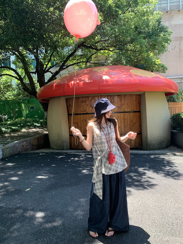 【现货】im向 伦敦格调 时髦简系格纹上衣女夏设计感绑带格子背心|undefined