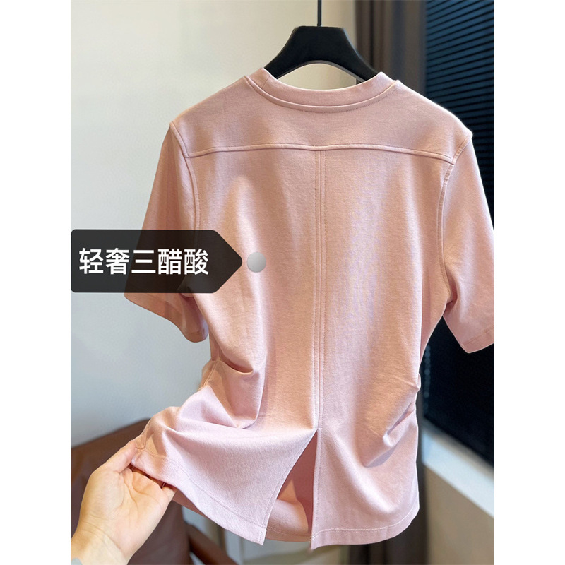 デザイン日本製トリアセテートバックスリットプリーツウエスト痩身半袖Tシャツレディーストップス2025夏新スタイル|undefined