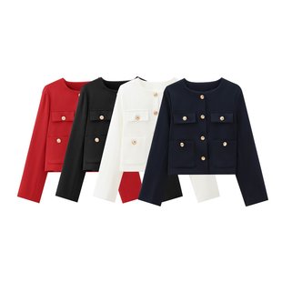 Cross-Border Foreign Trade Wholesale 2024 Autum New Women's Clothing European and American Gold Button Short Flap Pocket Pants Jacket 8630555