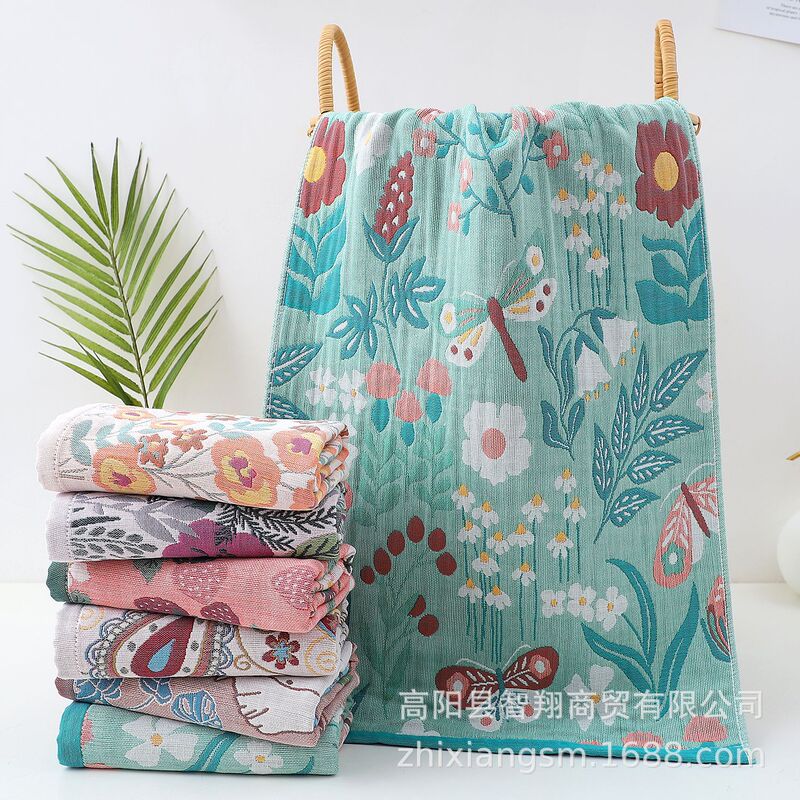 Towel New Cartoon National Style Floral Five-Layer Fine Yarn Large Towel Soft and Absorbent Manufacturer Wholesale Korean Kitchen Towel