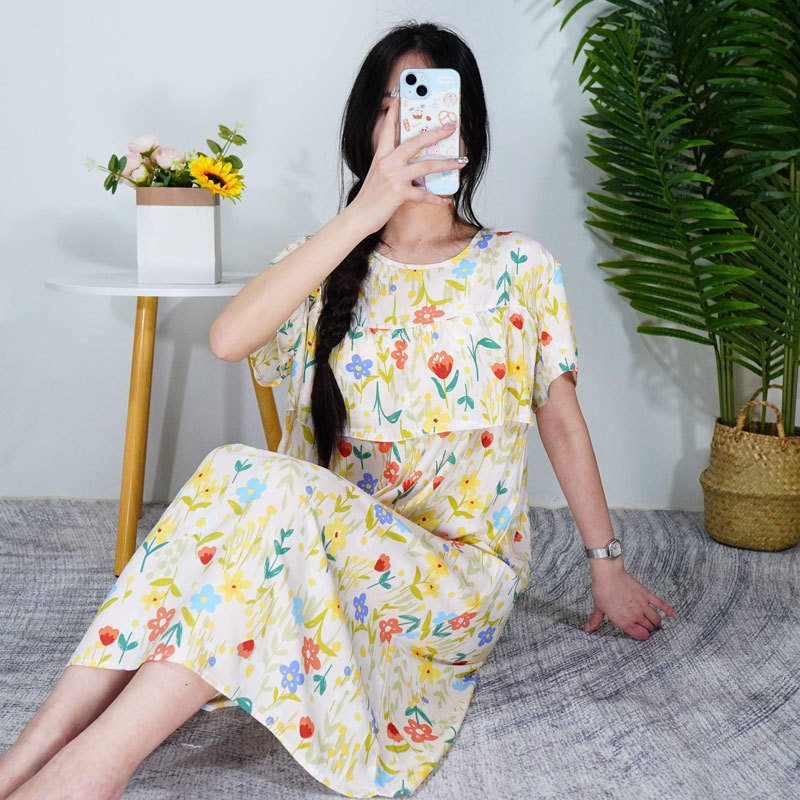 Women's Summer Dress with Anti-Bump Design, Cotton Silk Floral Print, Short-Sleeve, Loose Fit, Slimming, Ruffled A-Line Dress with Waist Cinching
