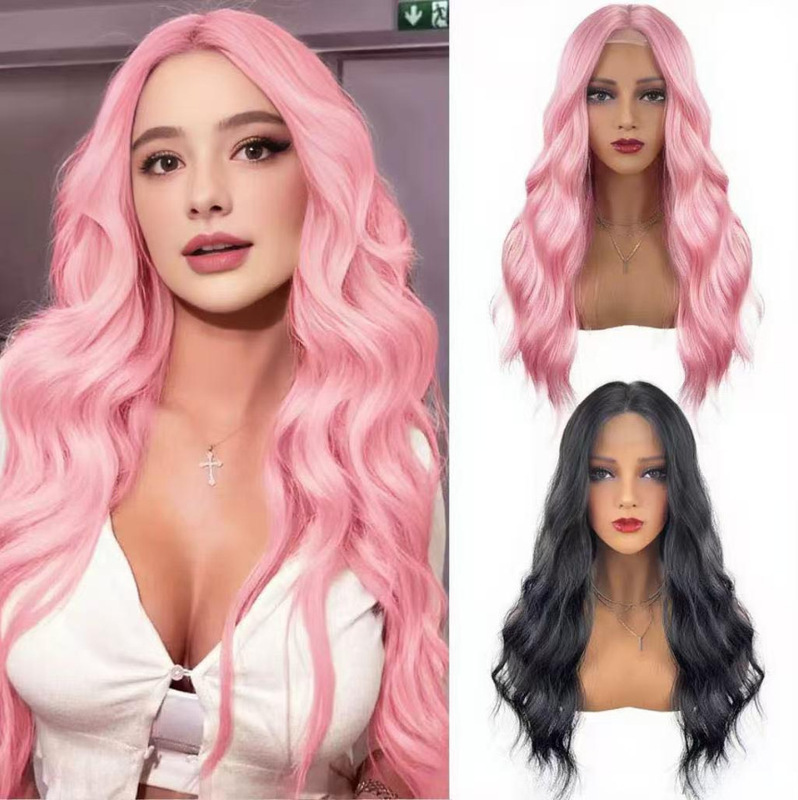 European and American Cross-Border Best-Selling Wish Fashion Personalized Pink Long Curly Hair Multi-Layered Wig Foreign Trade High-Temperature Fiber Wig