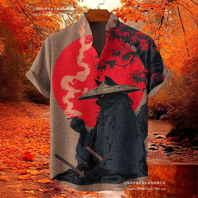 Quirky Holiday Style Linen Short-Sleeved Shirt with Black Cat Riding Dinosaur 3D Print Casual Top in Stock