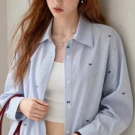 蓝色条纹蝴蝶结印花长袖衬衫女款秋季新款修身宽松外套上衣