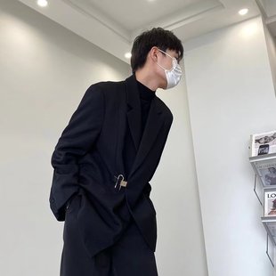 Trendy Loose Type No Slit Solid Color Flat Barge Collar Mid-length Summer Plain Clothes Single Western Men's Single-breasted Long Sleeve