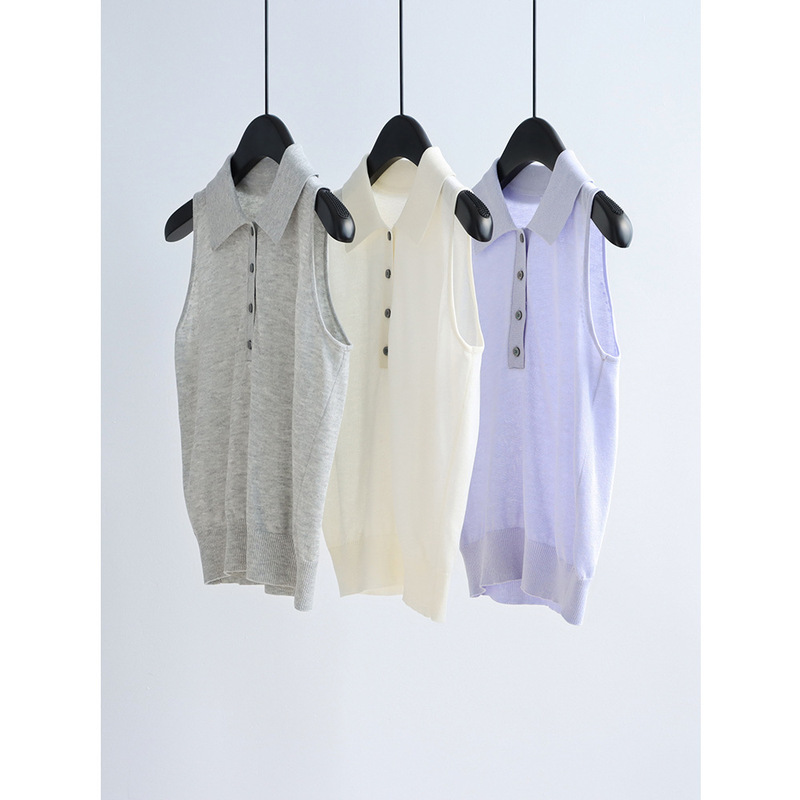 Elegant Commuter Polo Collar Sleeveless Knit Vest Linen Lyocell Spring/Summer Thin Versatile Simple Top for Women