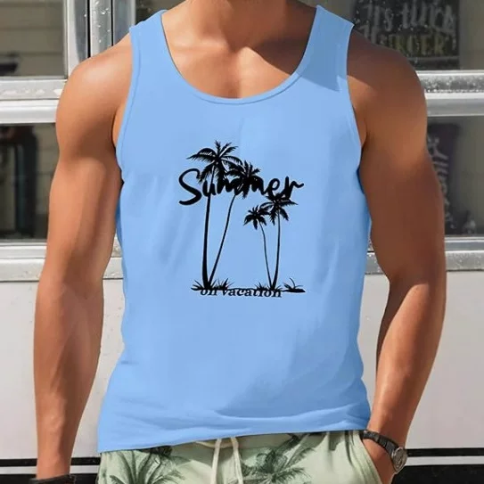 2026 Cross-Border Summer Beach Vacation New Palm Pattern Muscle Gym Workout Casual Style Men's Vest