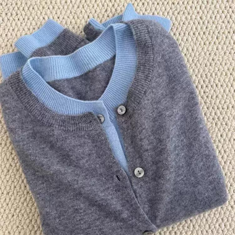 100澳洲纯羊毛开衫女圆领假两件毛衣外套拼色时尚韩版羊绒针织衫