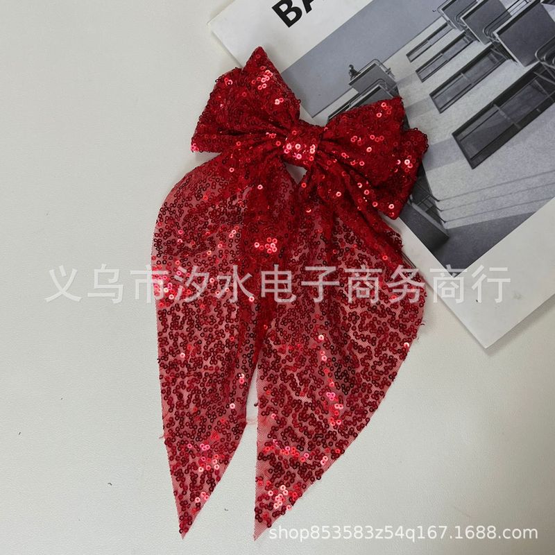 新款方格亮片双层蝴蝶结大号飘带发夹跨境发饰批发后脑勺弹簧夹|undefined