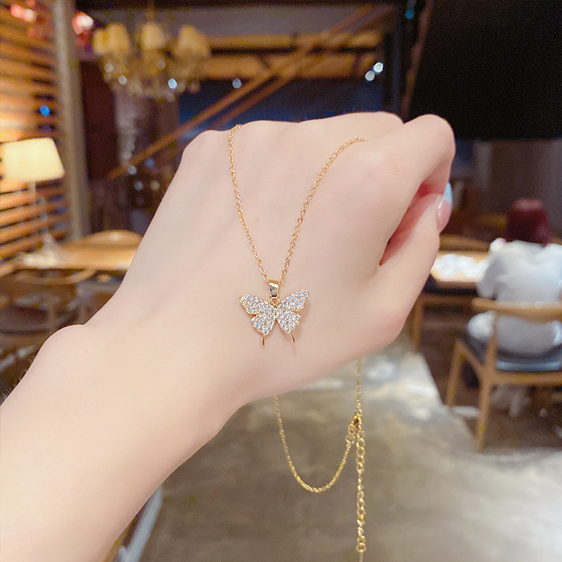 Fashion Butterfly Titanium Steel Inlay Zircon Pendant Necklace 1 Piece