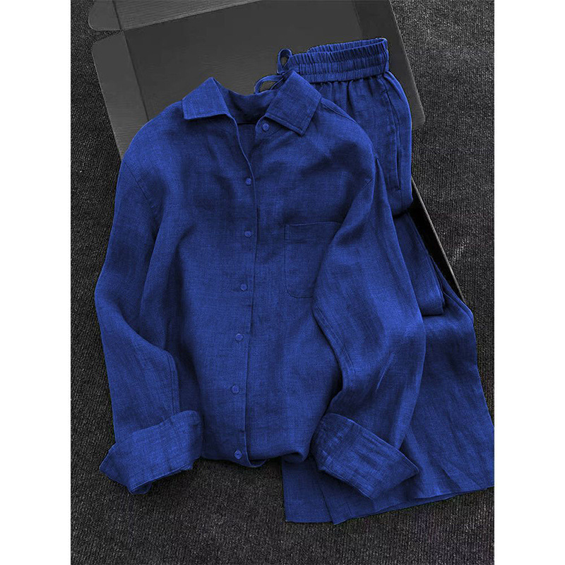 2026 Summer Cool and Stylish Outfit with a Relaxed Vibe, Navy Blue Fashion Shirt and Wide-Leg Pants Two-Piece Set for Women