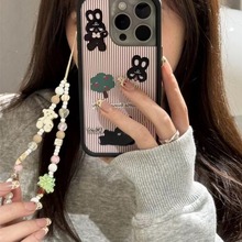 小众ins竖纹理黑兔子适用iPhone14链条13P手机壳12苹果15ProMax女