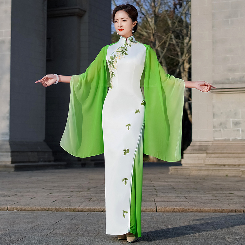 Shows Green red blue gradient Chinese dress cheongsam oriental Qipao  satin sleeveless long cape costumes female temperament elegant team