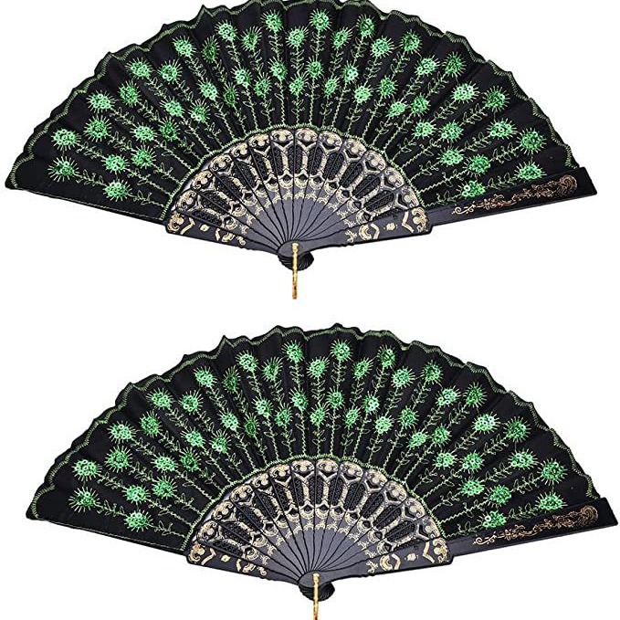 Un gran número de fans en stock de cola de pavo real ventilador de la pluma accesorios de la etapa ventilador bordado ventilador de lentejuelas 12 colores disponibles verde