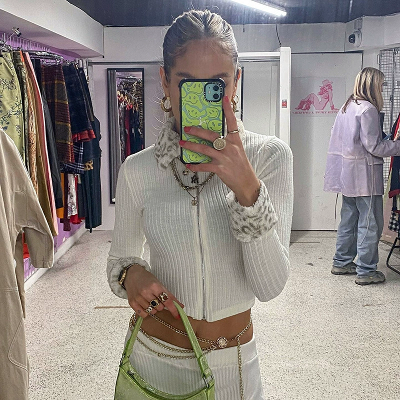 C078TP европейская и американская горячая девушка 2024 осень новый леопардовый лацканный лацканный шерстяной кардиган на молнии женский топ