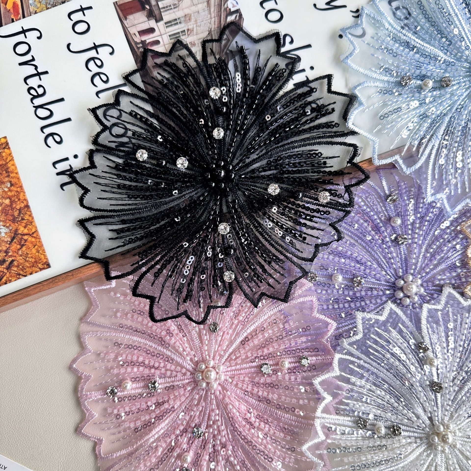 Lentejuelas multicolores, malla de perlas de arroz, pegatinas de tela bordadas, accesorios para el cabello de mujer, sombreros, accesorios a juego, decoración de vestidos de flores
