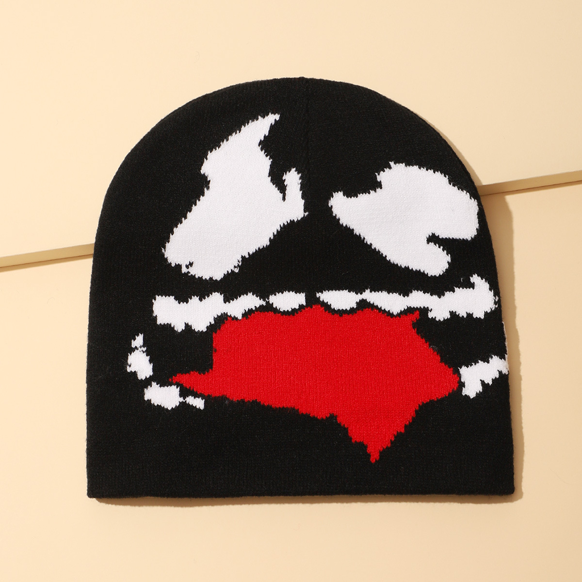 Cappello lavorato a maglia stampato alla moda, cappello casual con faccia di fantasma esagerata, cappello caldo antifreddo, all'ingrosso_voghion.com