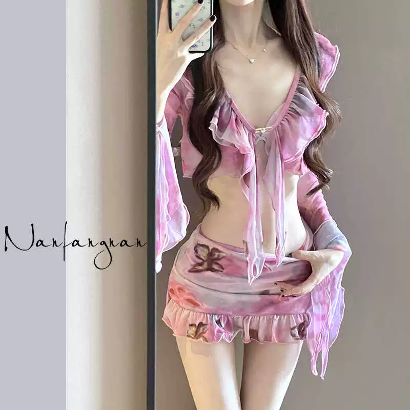 Купальник, sexy разделенный поддерживающий пляжный комплект, набор из 4 предметов, облегающий